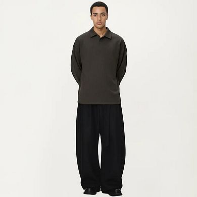 Men's Ribbed Long Sleeve Collared Pullover Top with Relaxed Fit