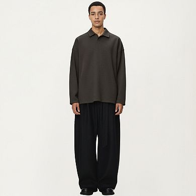 Men's Ribbed Long Sleeve Collared Pullover Top with Relaxed Fit