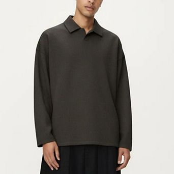 Men's Ribbed Long Sleeve Collared Pullover Top with Relaxed Fit