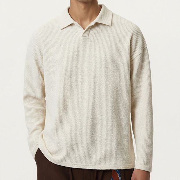 Anna-Kaci Men's Ribbed Long Sleeve Collared Pullover Top with Relaxed Fit, Small 4-6 / Light Beige