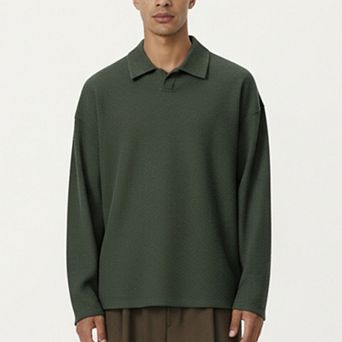 Men's Ribbed Long Sleeve Collared Pullover Top with Relaxed Fit