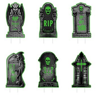 6 pc Halloween Tombstone Yard Signs Glow-in-the-Dark RIP Lawn Decorations with 12 Stakes