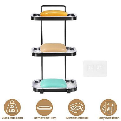 Wall-Mounted Square Soap Dish & Bar Holder with 2 Hooks, Clear Bathroom Shower Tray