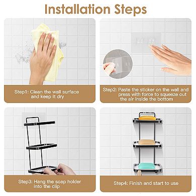 Wall-Mounted Square Soap Dish & Bar Holder with 2 Hooks, Clear Bathroom Shower Tray
