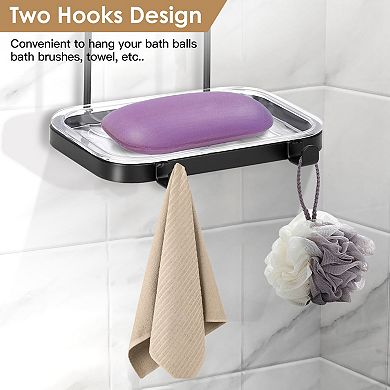 Wall-Mounted Square Soap Dish & Bar Holder with 2 Hooks, Clear Bathroom Shower Tray