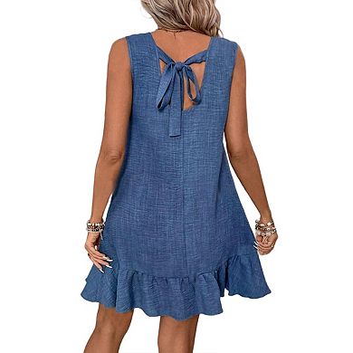 Womens Summer Dresses Sleeveless Tie Back High Crew Neck Ruffle Mini Short Dress
