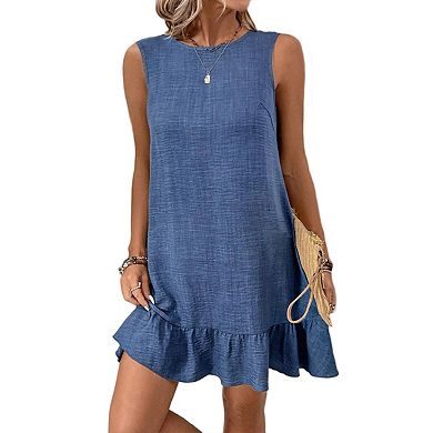 Womens Summer Dresses Sleeveless Tie Back High Crew Neck Ruffle Mini Short Dress