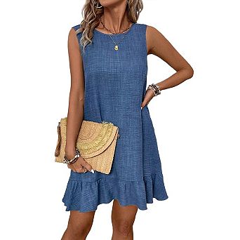 Womens Summer Dresses Sleeveless Tie Back High Crew Neck Ruffle Mini Short Dress