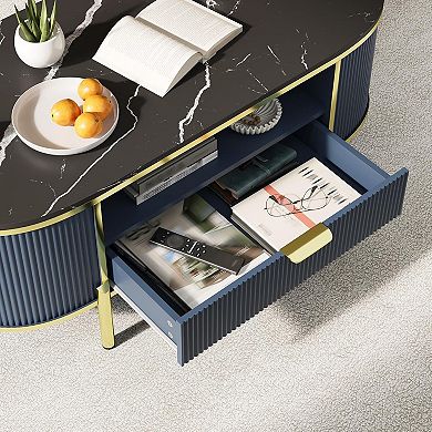 48" Oval Coffee Table with Fluted Design & Faux Marble Top, Modern Luxury Center Table with Drawers