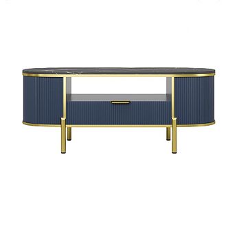 48" Oval Coffee Table with Fluted Design & Faux Marble Top, Modern Luxury Center Table with Drawers