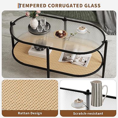 37" Rattan & Glass Oval Coffee Table 2-Tier Storage, Metal Frame for Living Room, Office & Small