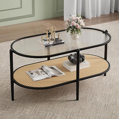 37" Rattan & Glass Oval Coffee Table 2-Tier Storage, Metal Frame for Living Room, Office & Small