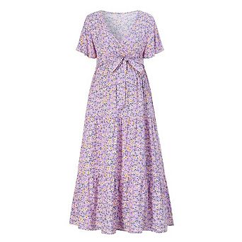 Womens Maternity Dress Women's V-Neck Short Sleeves High Waist Ruffle Maternity Maxi Dress with Belt