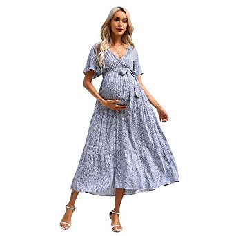 Womens Maternity Dress Women's V-Neck Short Sleeves High Waist Ruffle Maternity Maxi Dress with Belt