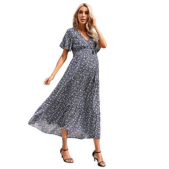 Womens Maternity Dress Women's V-Neck Short Sleeves High Waist Ruffle Maternity Maxi Dress with Belt