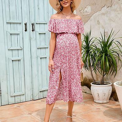 Women's Maternity Dress Off Shoulder Split A Line Casual Maxi Dress