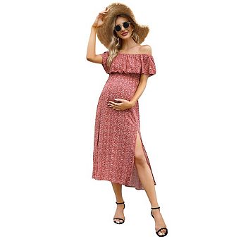 Women's Maternity Dress Off Shoulder Split A Line Casual Maxi Dress