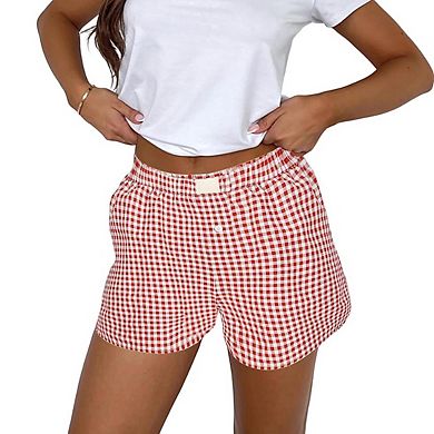 Womens Elastic Waist Plaid Side Pockets Button Casual Shorts