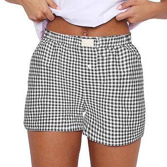 Womens Elastic Waist Plaid Side Pockets Button Casual Shorts