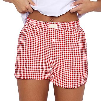 Womens Elastic Waist Plaid Side Pockets Button Casual Shorts