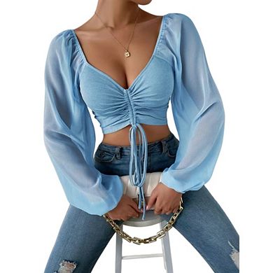 Women's Drawstring V Neck Ruched Lantern Long Sleeve Tie Back Crop Top Blouse
