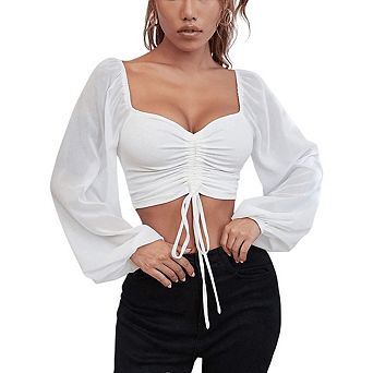 Women's Drawstring V Neck Ruched Lantern Long Sleeve Tie Back Crop Top Blouse