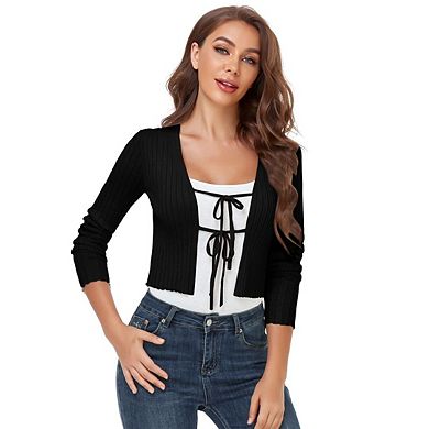 Women's Tie Front Long Sleeve Rib Knit Shrug Sweaters Cardigan Crop Top
