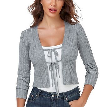 Women's Tie Front Long Sleeve Rib Knit Shrug Sweaters Cardigan Crop Top