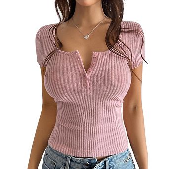 Women Short Sleeve Casual V Neck Ribbed Knit Button Basic Henley T Shirts Button Basic