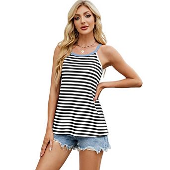 Women's Casual Striped Sleeveless Scoop Neck Loose Fit Color Block Tank Top