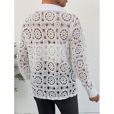 Women's Crochet Eyelet Long Sleeve Button Down Shirt Causal Boho Lace Beach Vacation Summer Blouse