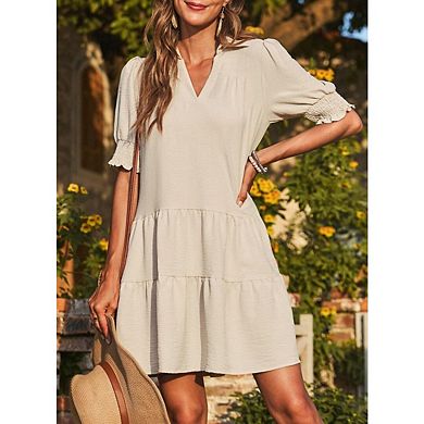 Casual Dresses for Women Lapel Collared V Neck Mid Sleeved Pleated Summer Mini Dresses