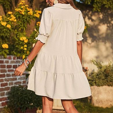 Casual Dresses for Women Lapel Collared V Neck Mid Sleeved Pleated Summer Mini Dresses