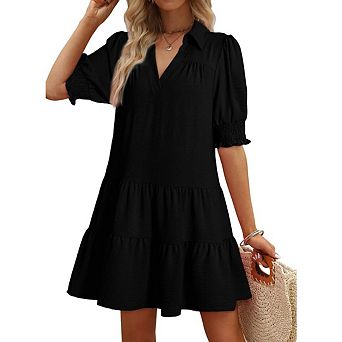 Casual Dresses for Women Lapel Collared V Neck Mid Sleeved Pleated Summer Mini Dresses
