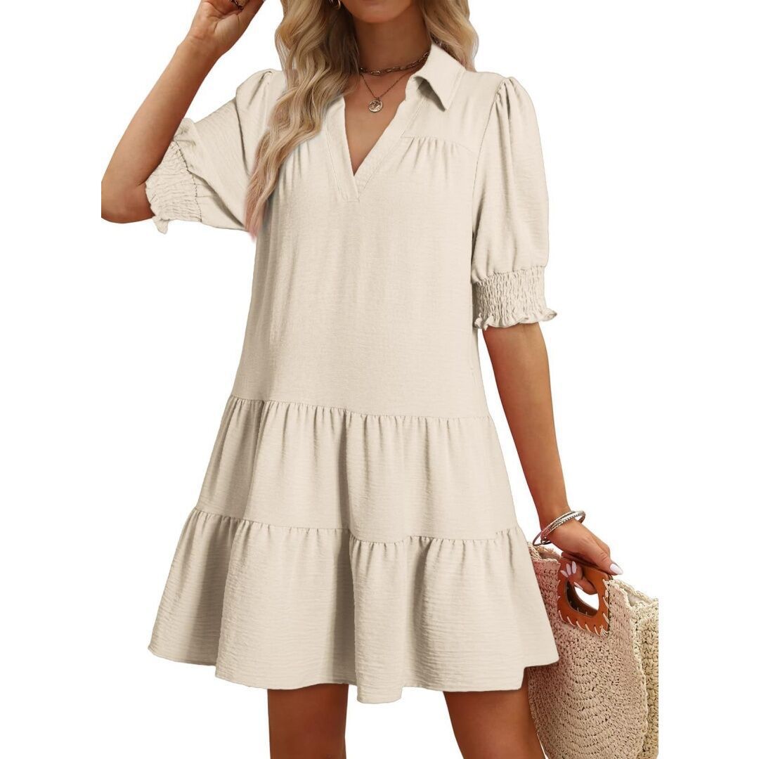 Женские платья Casual Dresses for Women Lapel Collared V Neck Mid Sleeved Pleated Summer Mini Dresses