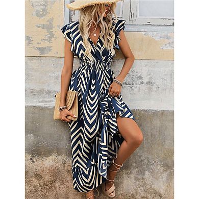 Women Print Maxi Dress Ruffled Sleeve V-Neck Smocked Waist Flowy Summer Dress