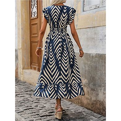 Women Print Maxi Dress Ruffled Sleeve V-Neck Smocked Waist Flowy Summer Dress