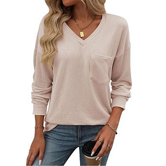 Women's Casual Striped Long Sleeve T-Shirt V-Neck Losse Fit Casual Tops with Pocket