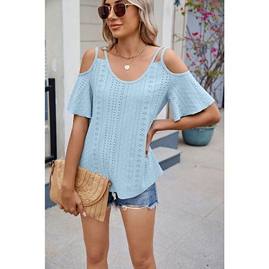 Womens Cold Shoulder Tops Short Sleeve Cute Beach Vacation T Shirts Basic Summer Spring Clothes