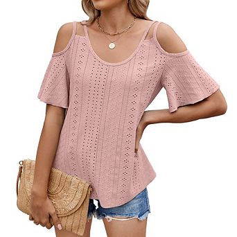 Womens Cold Shoulder Tops Short Sleeve Cute Beach Vacation T Shirts Basic Summer Spring Clothes