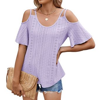 Womens Cold Shoulder Tops Short Sleeve Cute Beach Vacation T Shirts Basic Summer Spring Clothes