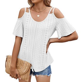 Womens Cold Shoulder Tops Short Sleeve Cute Beach Vacation T Shirts Basic Summer Spring Clothes