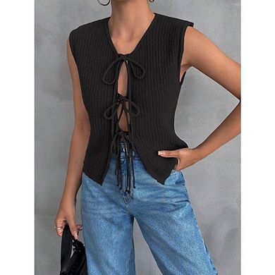 Women’s Tie Front Sweater Vest Sleeveless Crochet Knit Summer Y2K Going Out Tops