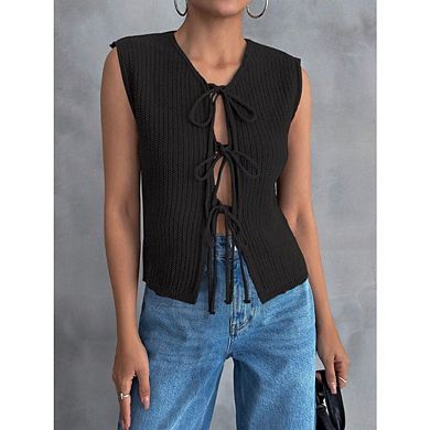 Women’s Tie Front Sweater Vest Sleeveless Crochet Knit Summer Y2K Going Out Tops