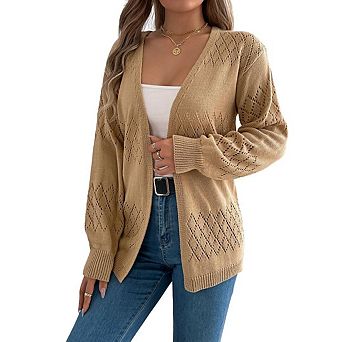 Women's Sweaters Lantern Sleeve Hollow Out Open Front Lightweight Crochet Cardigan Tops