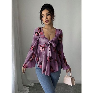 Women's Floral Long Sleeve Tie Front Hanky Hem Mesh Blouse Tops