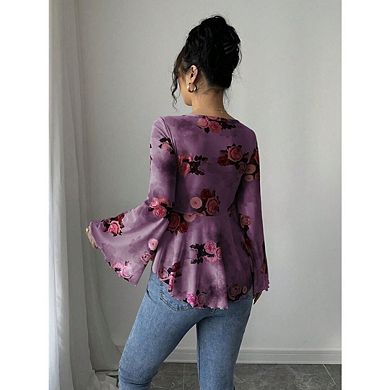 Women's Floral Long Sleeve Tie Front Hanky Hem Mesh Blouse Tops