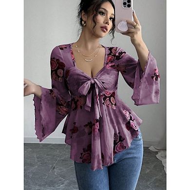 Women's Floral Long Sleeve Tie Front Hanky Hem Mesh Blouse Tops