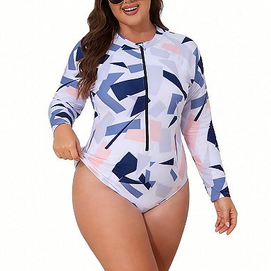 Plus Size Women's Long Sleeve Swimsuit Zipper Front Printed One-Piece Bathing Suit Swimwear