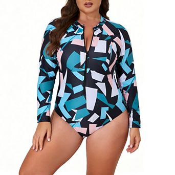 Plus Size Women's Long Sleeve Swimsuit Zipper Front Printed One-Piece Bathing Suit Swimwear